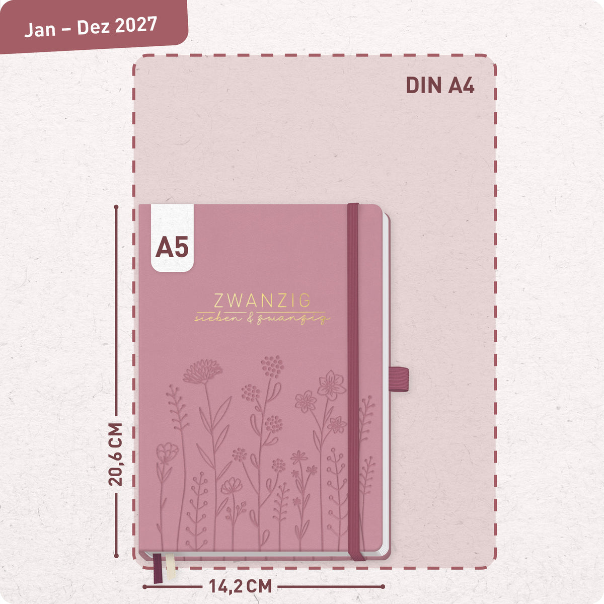 Format- und Größenansicht von Häfft Chäff-Timer Premium Kalender 2027 A5 im Motiv „Fine Flowers rosé“.