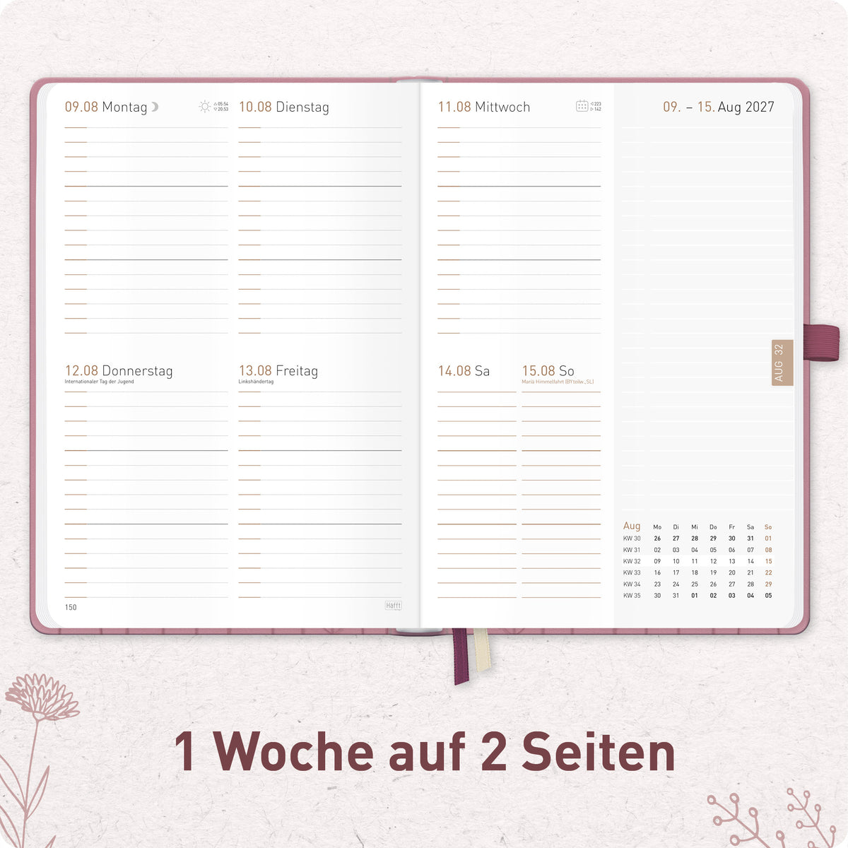 Innenansicht von Häfft Chäff-Timer Premium Kalender 2027 A5 im Motiv „Fine Flowers rosé“ mit einer Woche auf zwei Seiten.