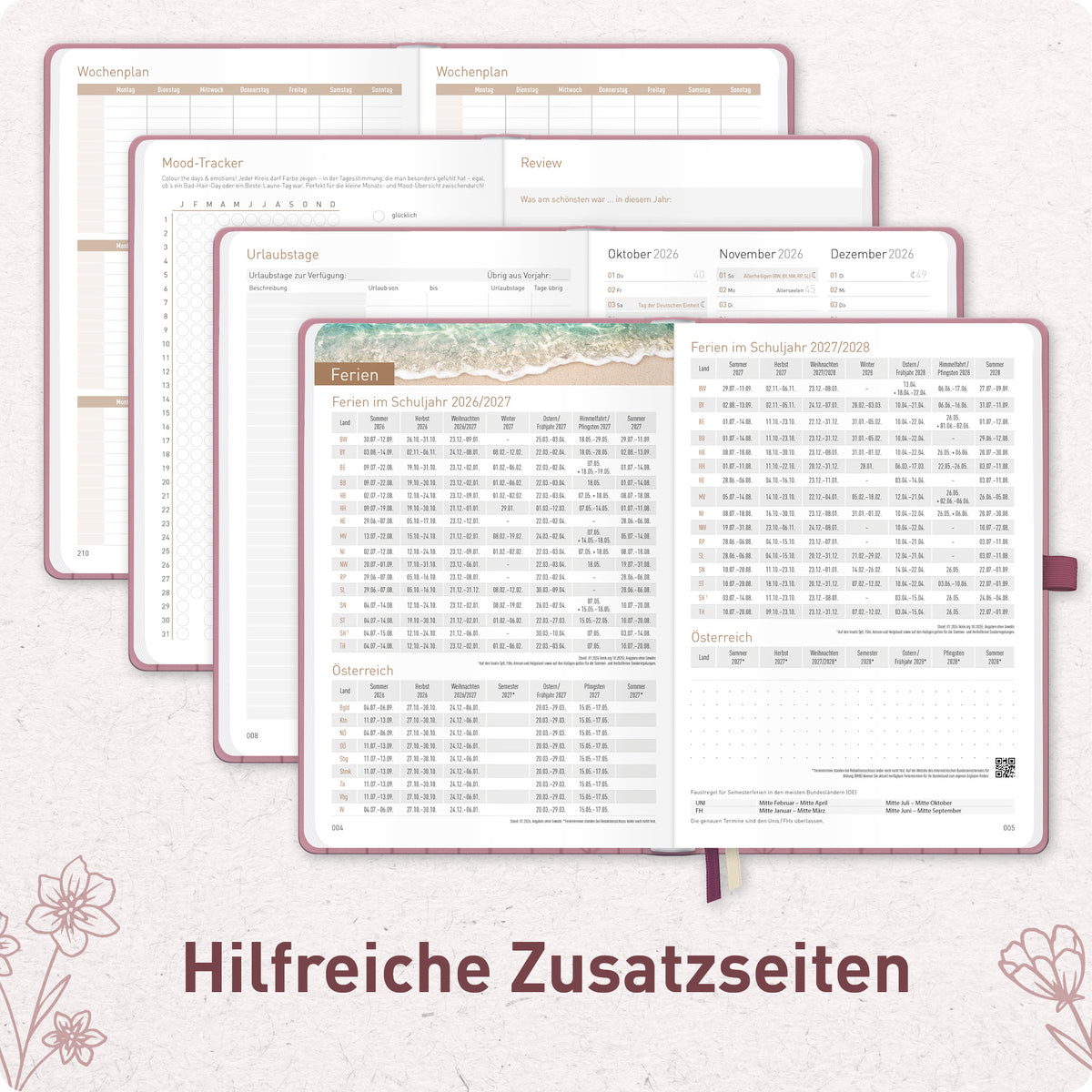 Zusatzseiten von Häfft Chäff-Timer Premium Kalender 2027 A5 im Motiv „Fine Flowers rosé“.