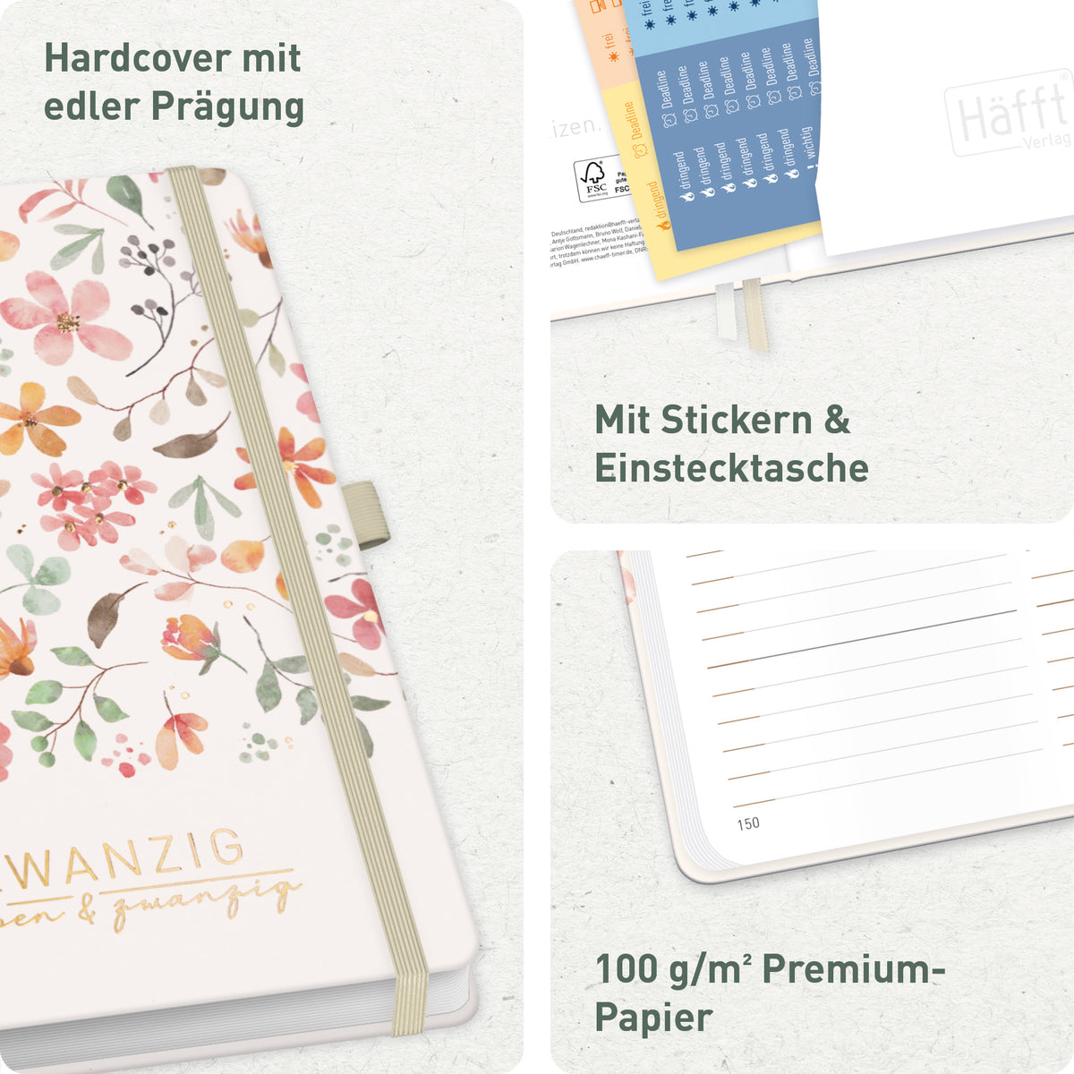 Premium-Einband & Ausstattung von Häfft Chäff-Timer Premium Kalender 2027 A5 im Motiv „Wild Blossoms“.