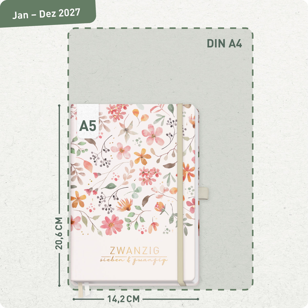Format- und Größenansicht von Häfft Chäff-Timer Premium Kalender 2027 A5 im Motiv „Wild Blossoms“.