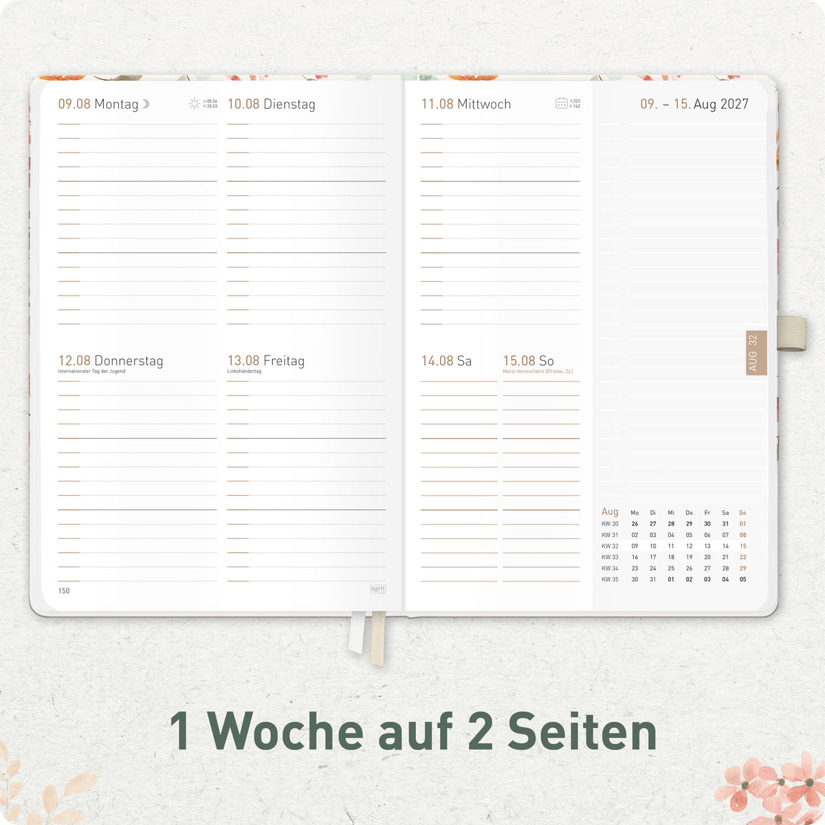 Innenansicht von Häfft Chäff-Timer Premium Kalender 2027 A5 im Motiv „Wild Blossoms“ mit einer Woche auf zwei Seiten.