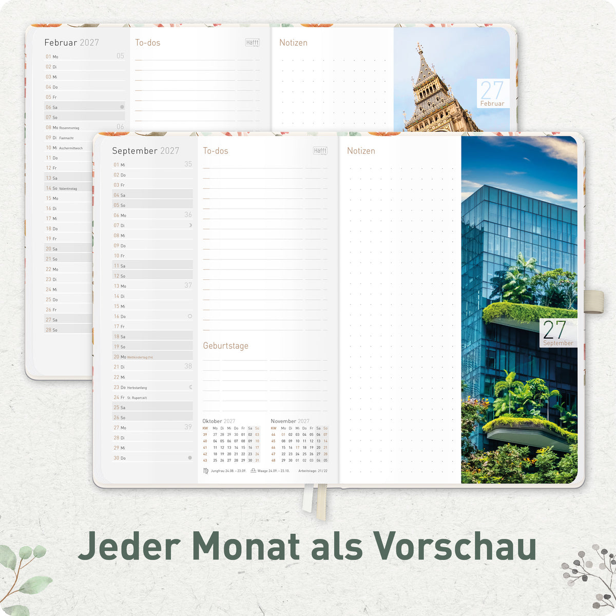 Innenansicht von Häfft Chäff-Timer Premium Kalender 2027 A5 im Motiv „Wild Blossoms“ mit Monatsübersicht.