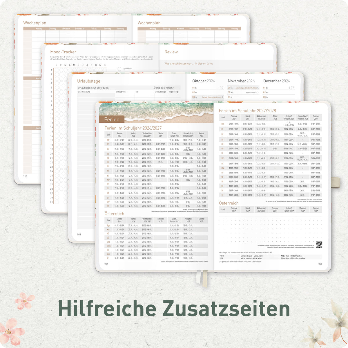 Zusatzseiten von Häfft Chäff-Timer Premium Kalender 2027 A5 im Motiv „Wild Blossoms“.