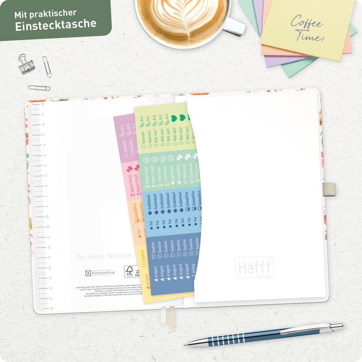 Planung im Detail von Häfft Chäff-Timer Premium Kalender 2027 A5 im Motiv „Wild Blossoms“.