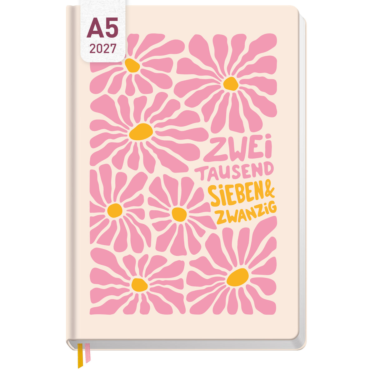 Coveransicht von Häfft-Timer Terminkalender 2027 A5 für junge Erwachsene im Motiv „Pink Flowers“.