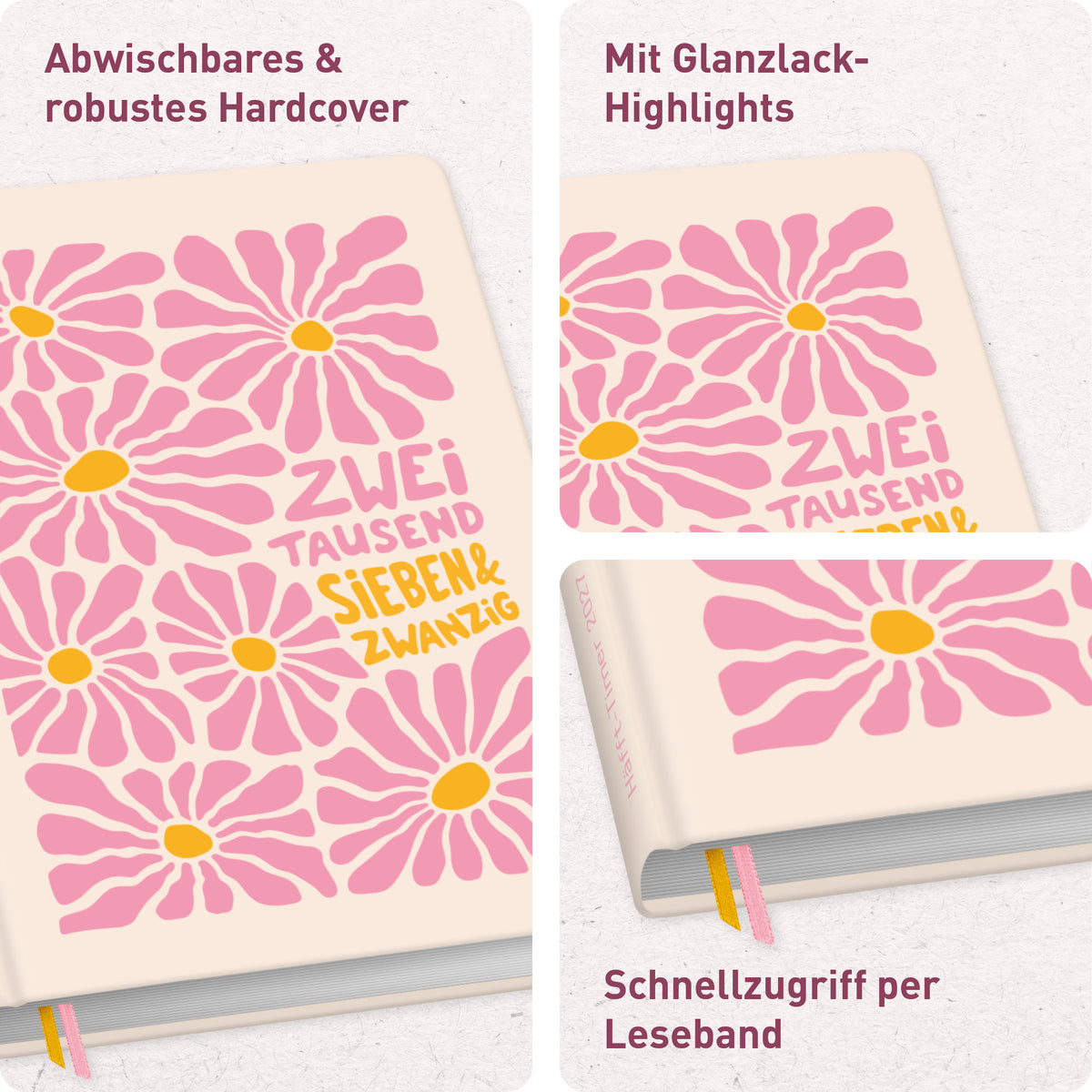 Hardcover & Glanzlack von Häfft-Timer Terminkalender 2027 A5 für junge Erwachsene im Motiv „Pink Flowers“.