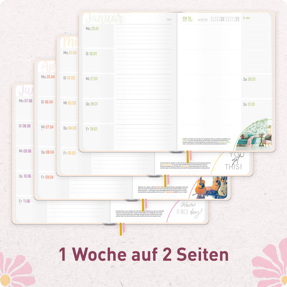 Innenansicht von Häfft-Timer Terminkalender 2027 A5 für junge Erwachsene im Motiv „Pink Flowers“ mit einer Woche auf zwei Seiten.