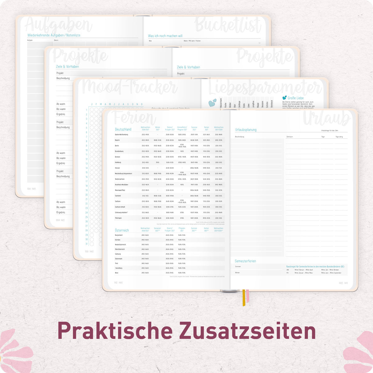 Zusatzseiten & Tracker von Häfft-Timer Terminkalender 2027 A5 für junge Erwachsene im Motiv „Pink Flowers“.