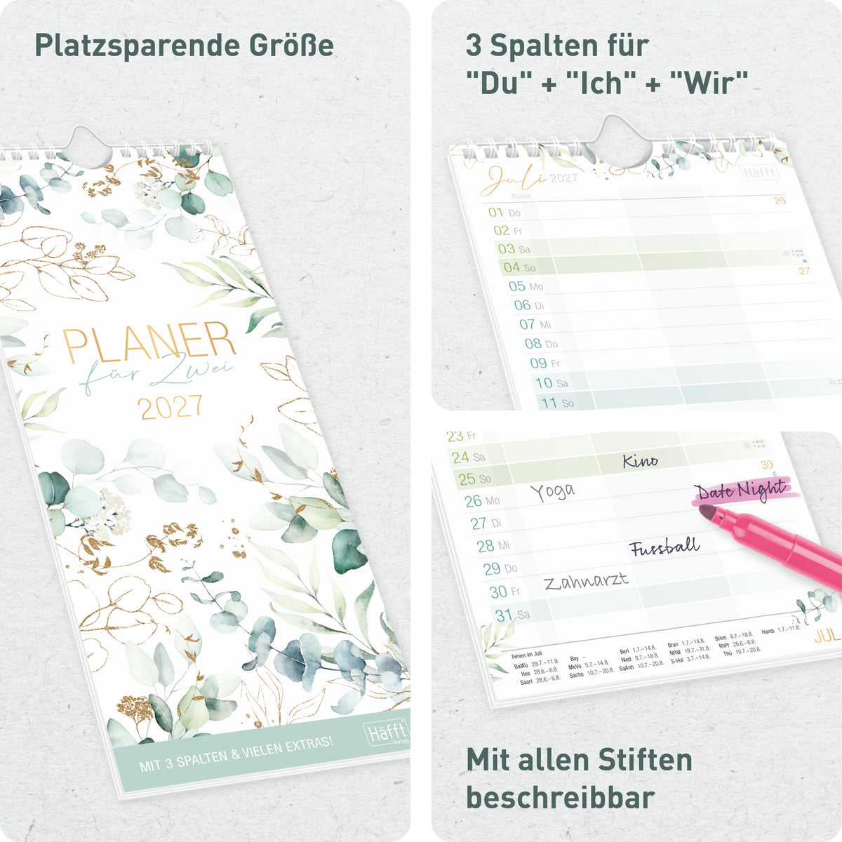 Planung für zwei Personen von Häfft Planer für Zwei kompakt - Familienkalender 2027 mit 3 Spalten.