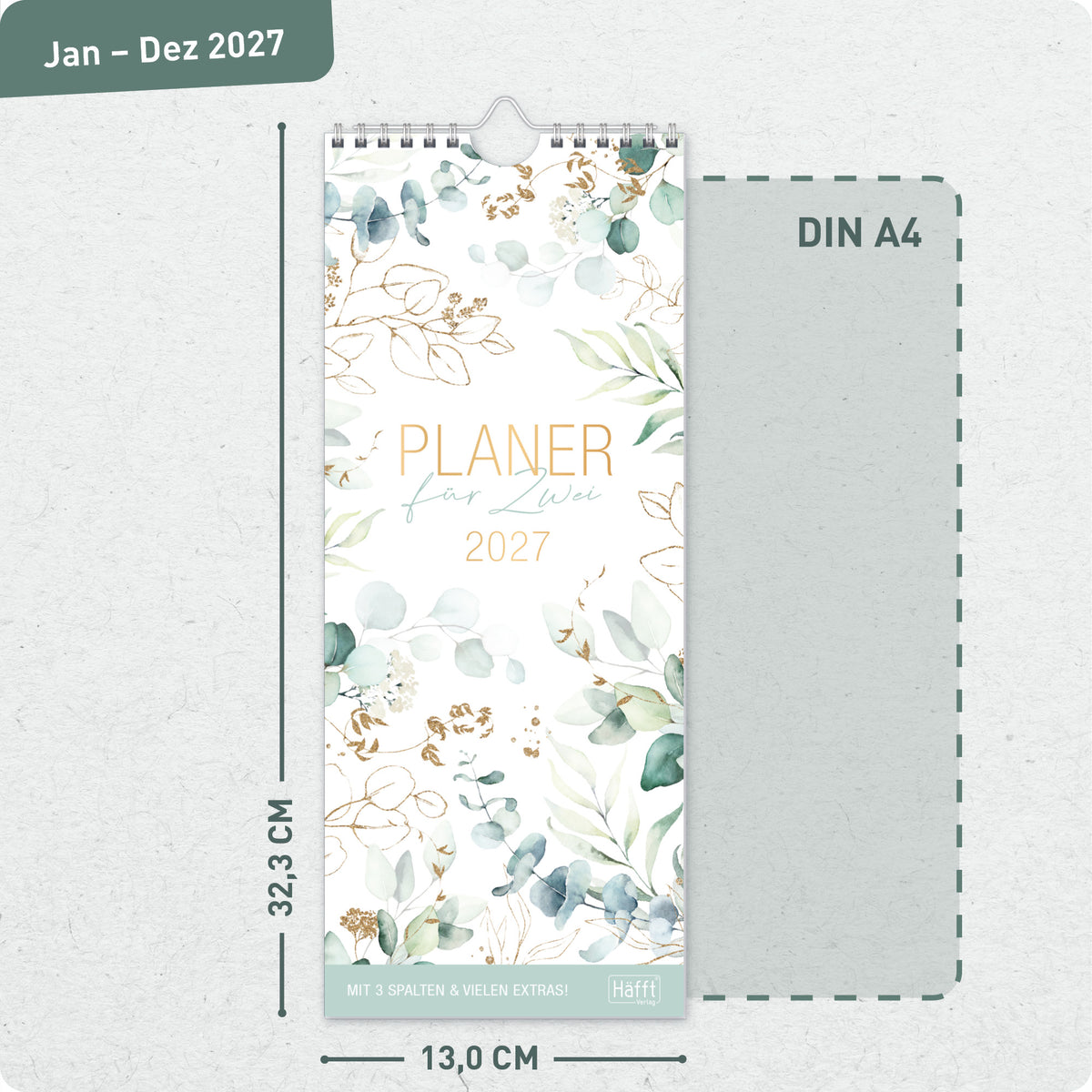 Format- und Größenansicht von Häfft Planer für Zwei kompakt - Familienkalender 2027 mit 3 Spalten.