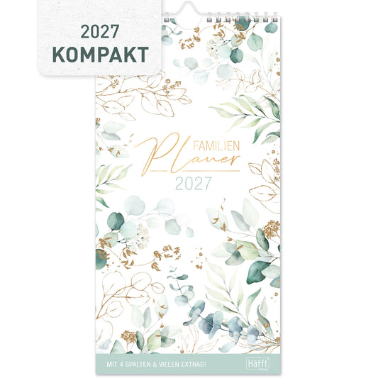 Coveransicht von Häfft Familienplaner 2027 mit 4 Spalten - Wandkalender im Motiv „Blattgold“.
