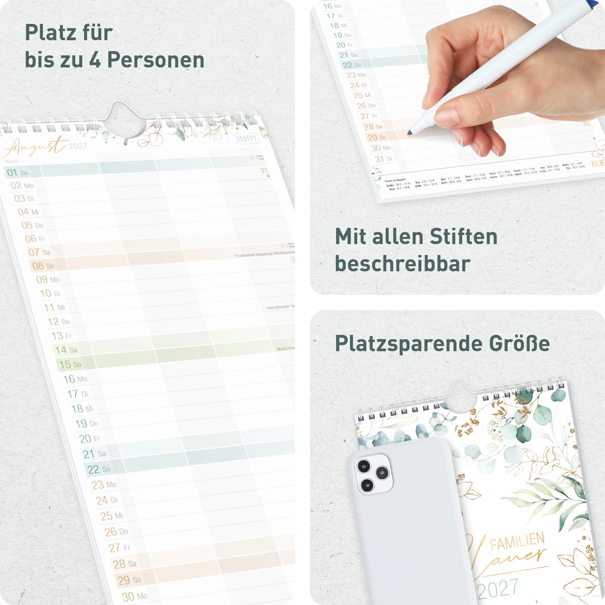 4 Spalten für Familienmitglieder von Häfft Familienplaner 2027 mit 4 Spalten - Wandkalender im Motiv „Blattgold“.