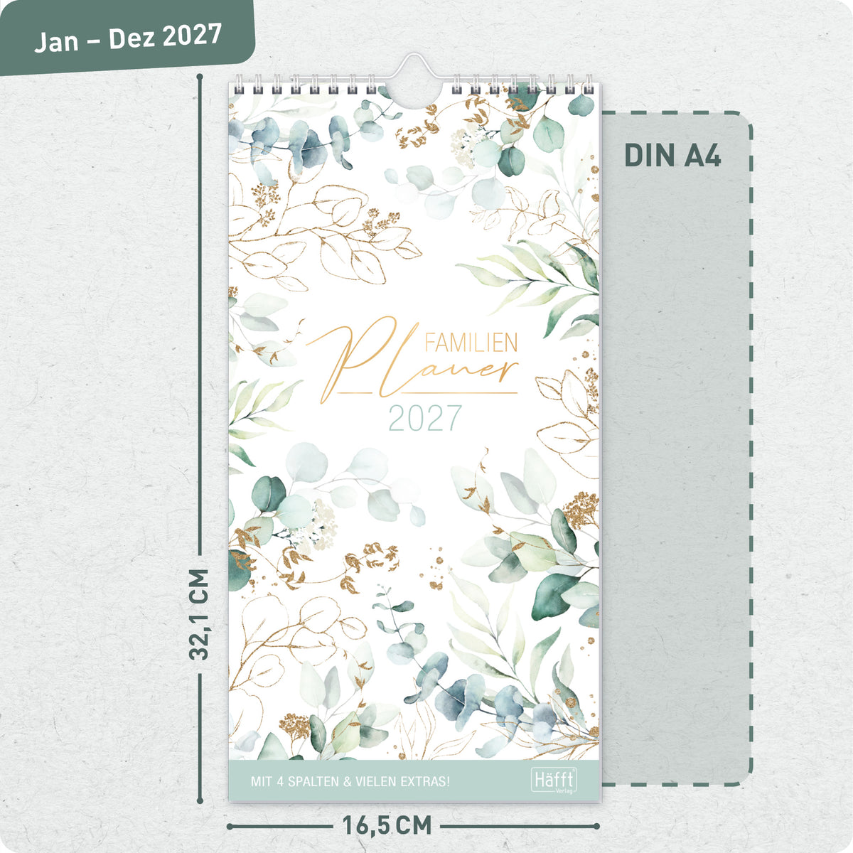 Format- und Größenansicht von Häfft Familienplaner 2027 mit 4 Spalten - Wandkalender im Motiv „Blattgold“.