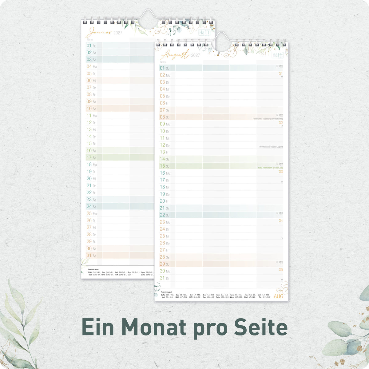 Innenansicht von Häfft Familienplaner 2027 mit 4 Spalten - Wandkalender im Motiv „Blattgold“ mit Monatsplanung.