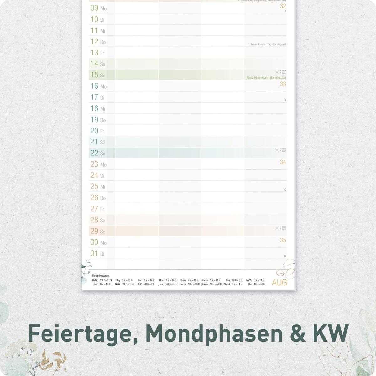 Häfft Familienplaner 2027 mit 4 Spalten - Wandkalender "Blattgold"