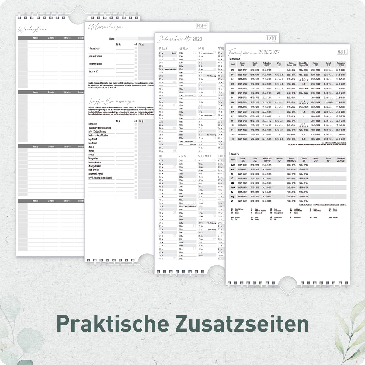 Zusatzseiten von Häfft Familienplaner 2027 mit 4 Spalten - Wandkalender im Motiv „Blattgold“.