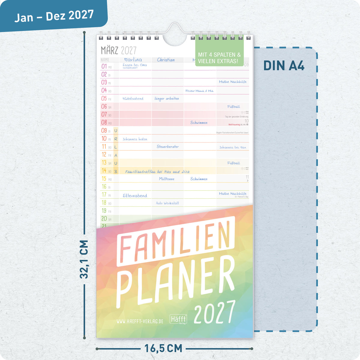 Format- und Größenansicht von Häfft Familienplaner 2027 mit 4 Spalten - Wandkalender im Motiv „Rainbow“.