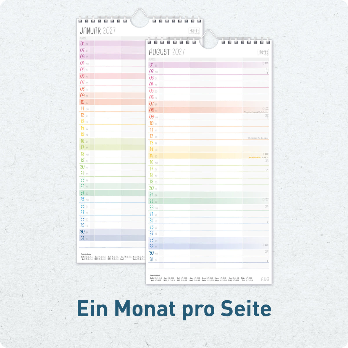 Innenansicht von Häfft Familienplaner 2027 mit 4 Spalten - Wandkalender im Motiv „Rainbow“ mit Monatsplanung.