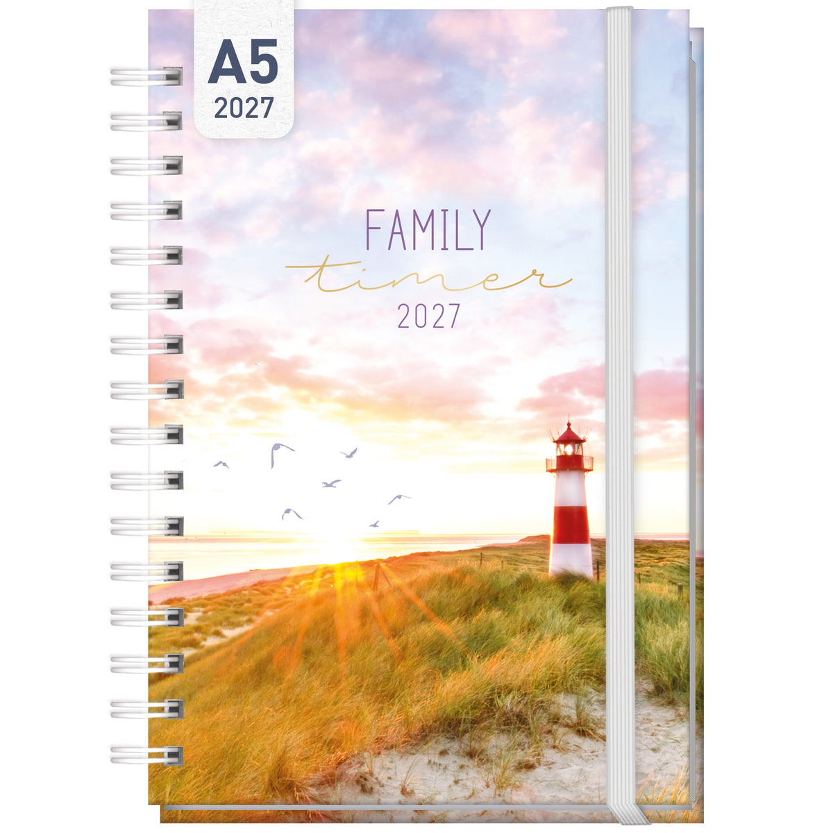 Coveransicht von Häfft Family-Timer Familienkalender 2027 für 4 Personen im Motiv „Leuchtturm“.