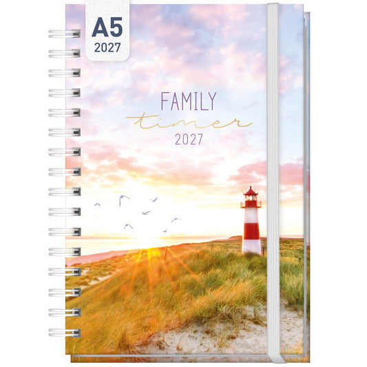 Coveransicht von Häfft Family-Timer Familienkalender 2027 für 4 Personen im Motiv „Leuchtturm“.