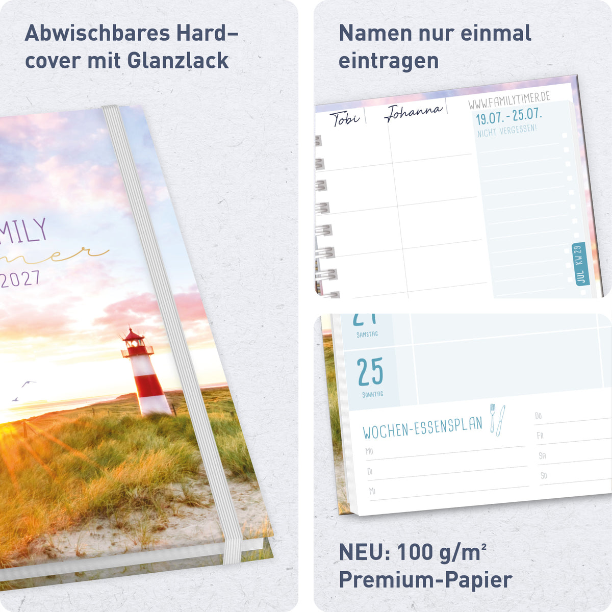 Hardcover & Familienfunktionen von Häfft Family-Timer Familienkalender 2027 für 4 Personen im Motiv „Leuchtturm“.