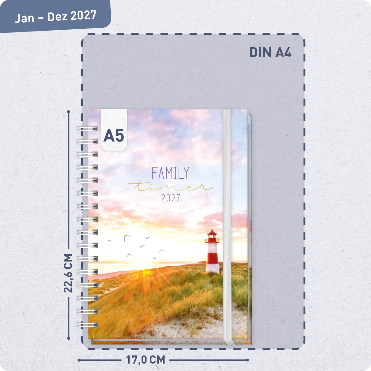 Format- und Größenansicht von Häfft Family-Timer Familienkalender 2027 für 4 Personen im Motiv „Leuchtturm“.