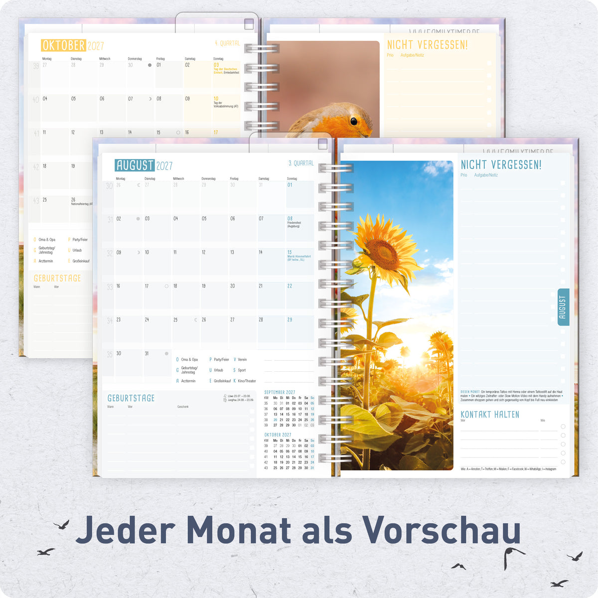 Innenansicht von Häfft Family-Timer Familienkalender 2027 für 4 Personen im Motiv „Leuchtturm“ mit Monatsvorschau.