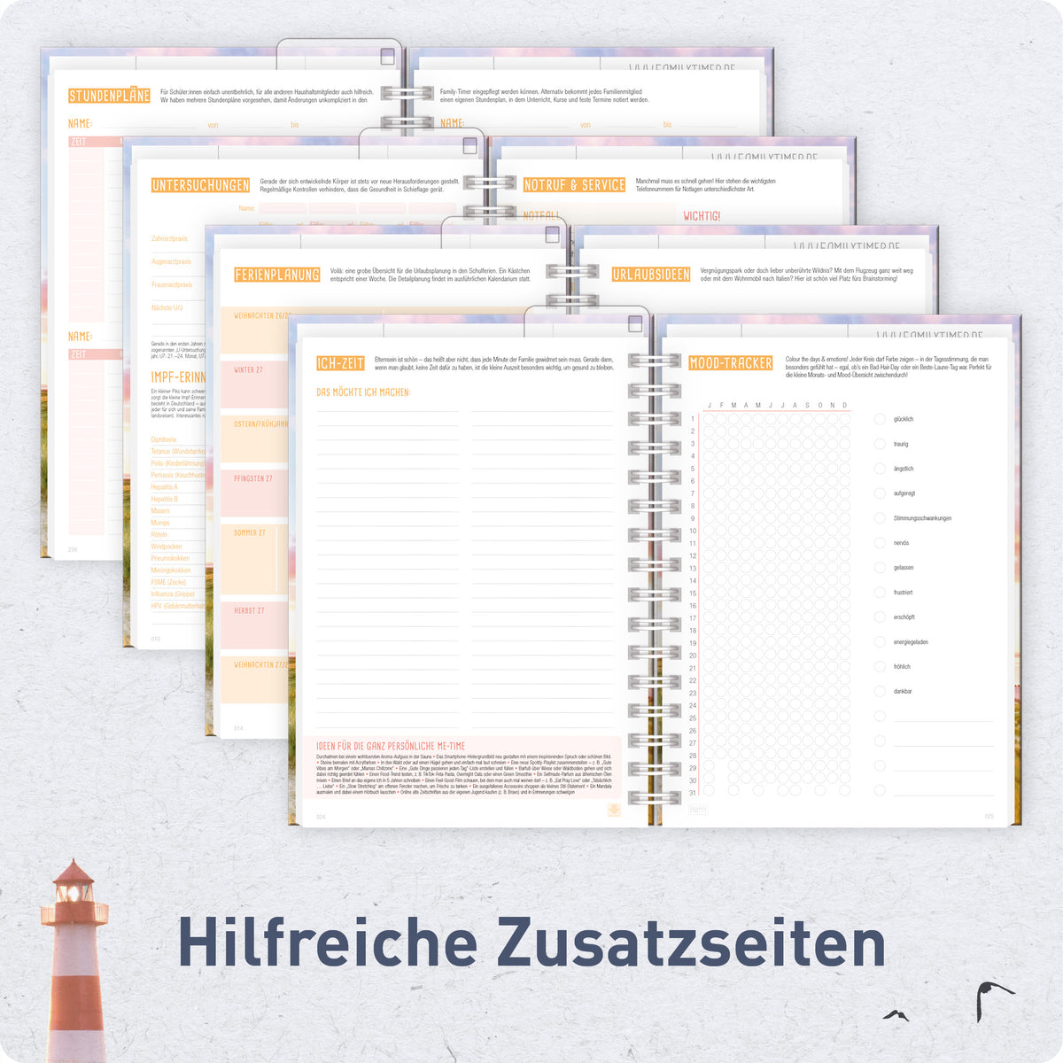 Zusatzseiten & Familienplanung von Häfft Family-Timer Familienkalender 2027 für 4 Personen im Motiv „Leuchtturm“.