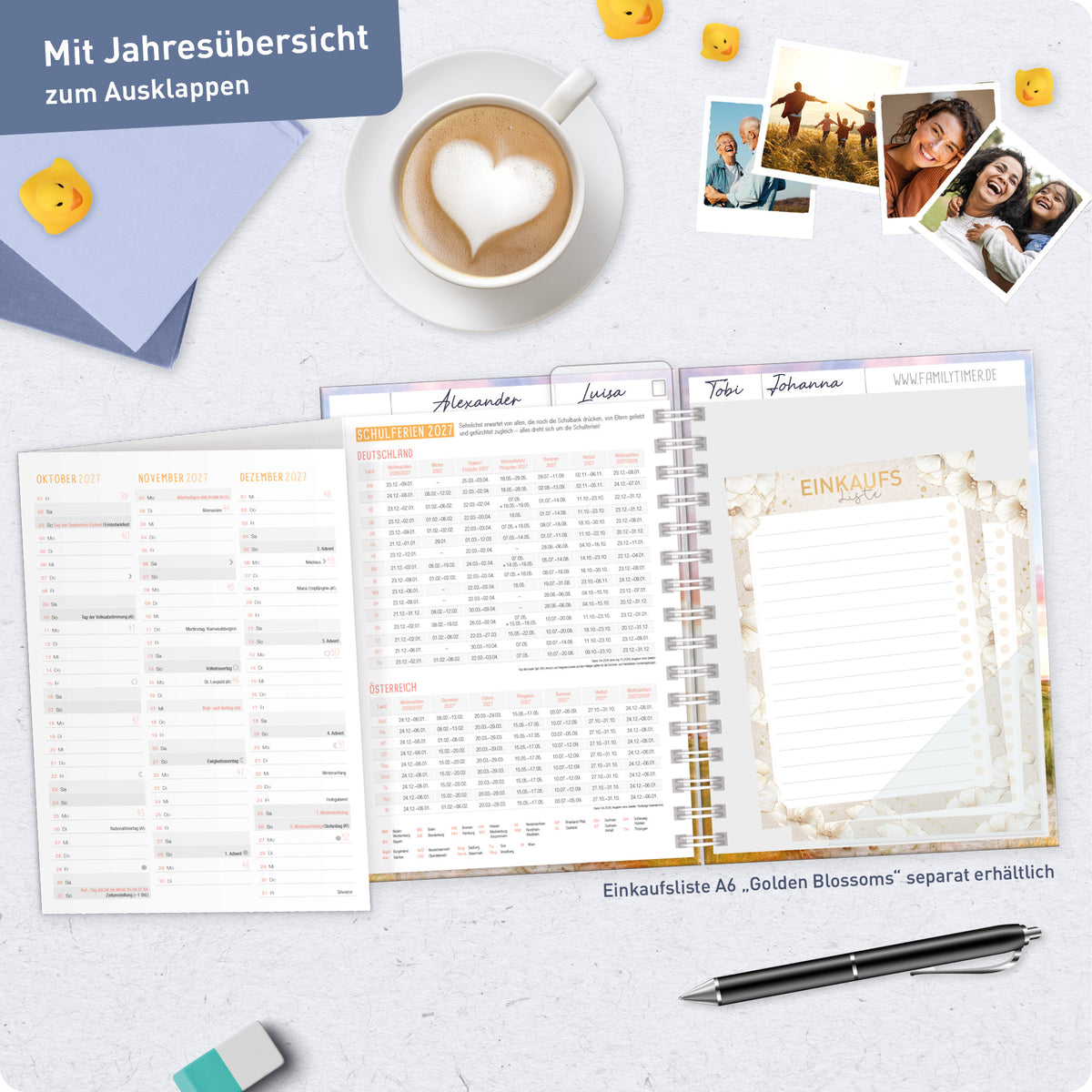 Jahresübersicht & Einkaufsplanung von Häfft Family-Timer Familienkalender 2027 für 4 Personen im Motiv „Leuchtturm“.