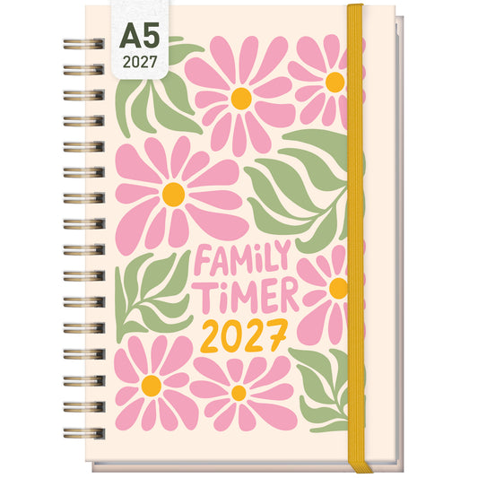Coveransicht von Häfft Family-Timer Familienkalender 2027 für 4 Personen im Motiv „Flower Power“.