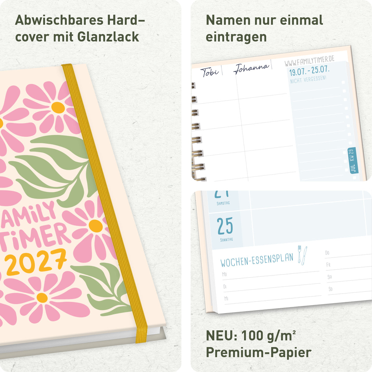 Hardcover & Familienfunktionen von Häfft Family-Timer Familienkalender 2027 für 4 Personen im Motiv „Flower Power“.