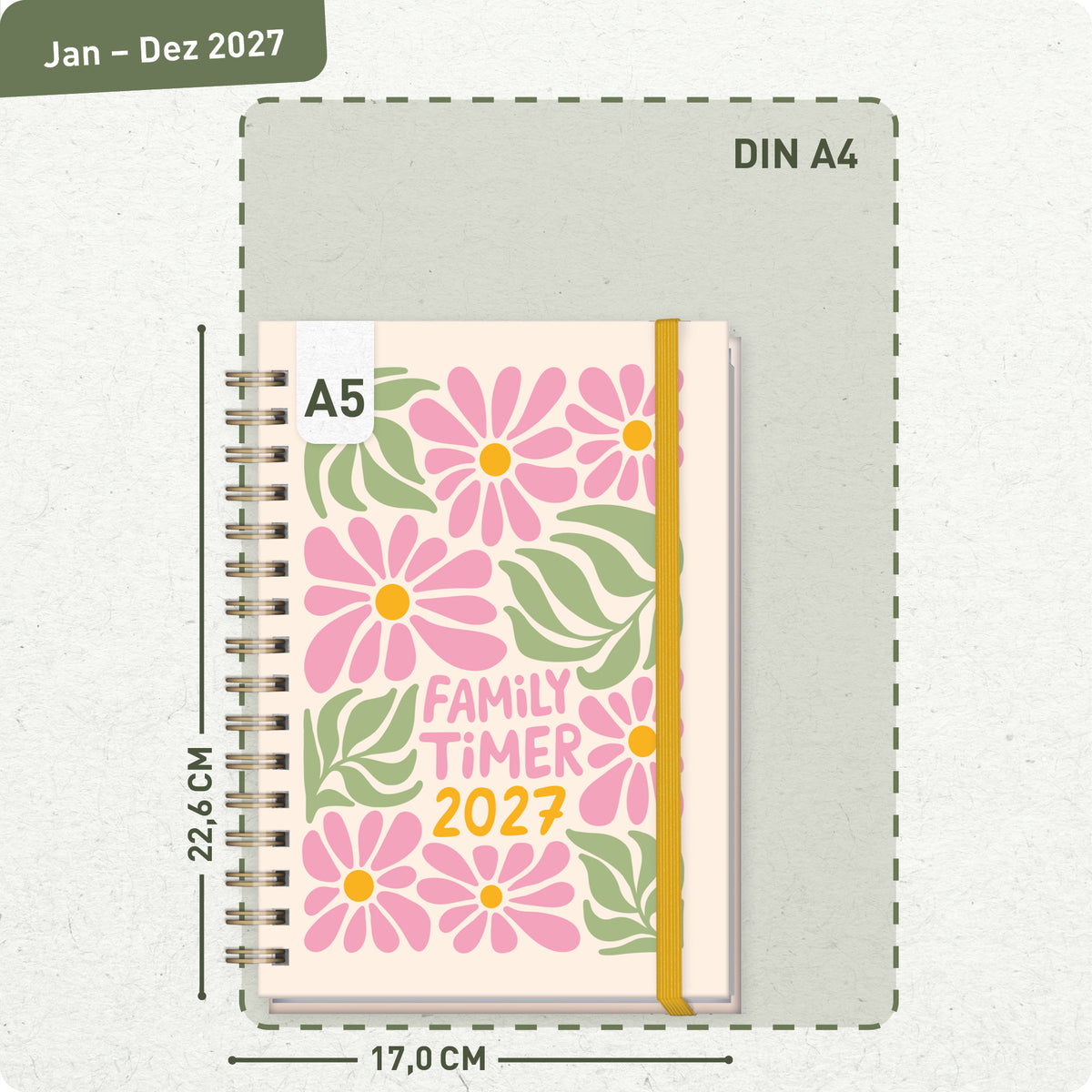 Format- und Größenansicht von Häfft Family-Timer Familienkalender 2027 für 4 Personen im Motiv „Flower Power“.