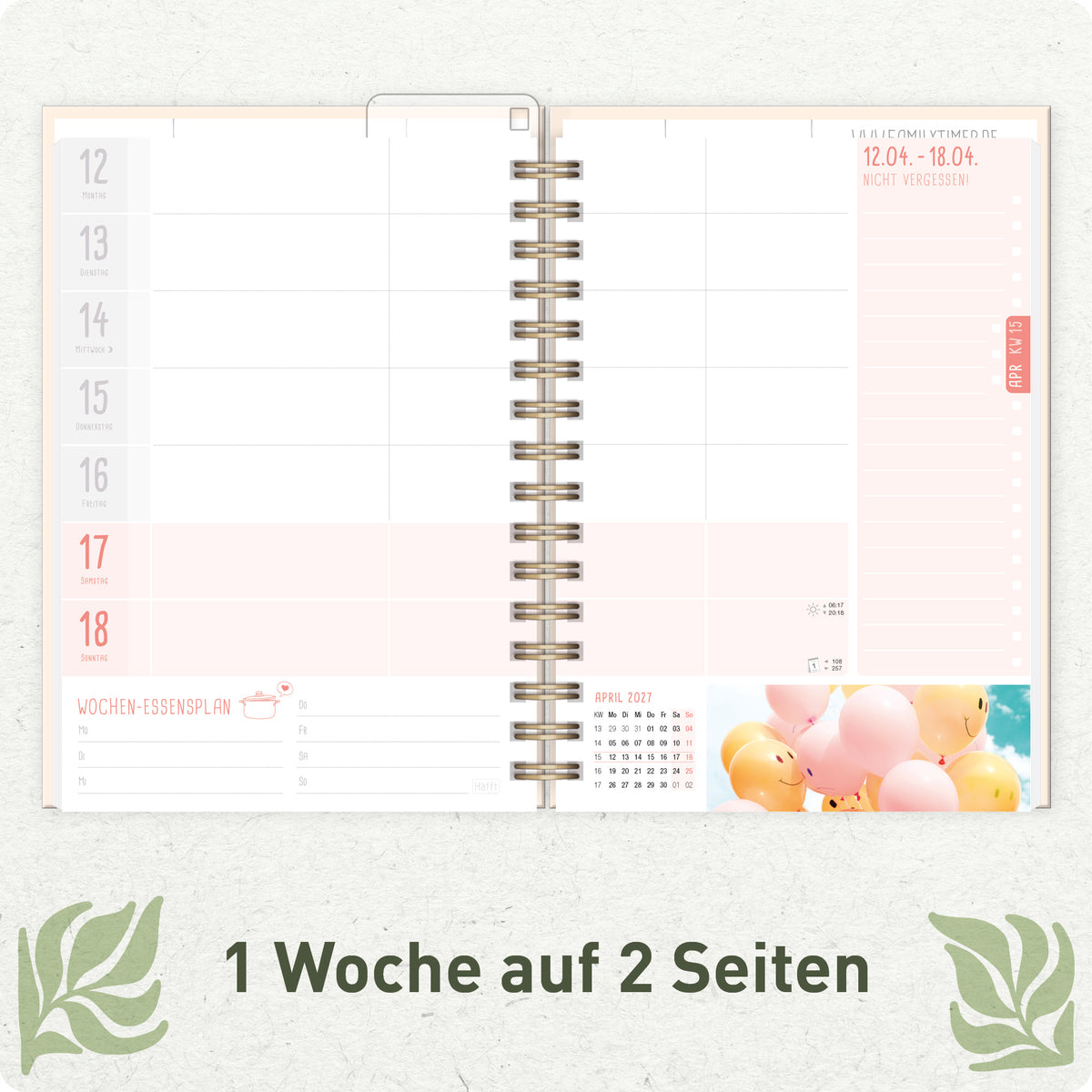 Wochenplanung für die Familie von Häfft Family-Timer Familienkalender 2027 für 4 Personen im Motiv „Flower Power“.