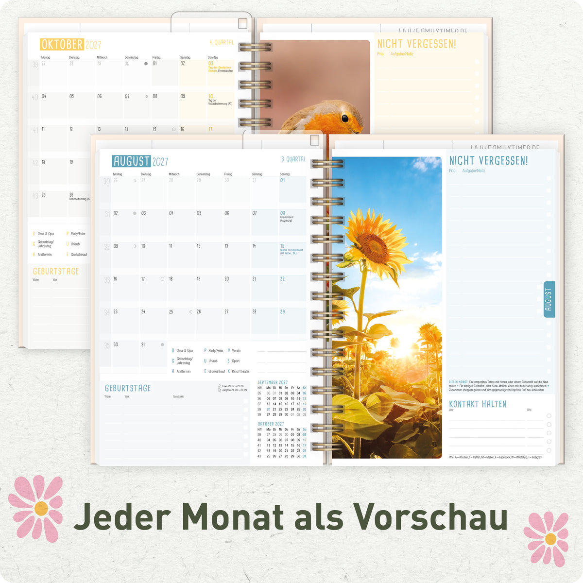 Innenansicht von Häfft Family-Timer Familienkalender 2027 für 4 Personen im Motiv „Flower Power“ mit Monatsvorschau.
