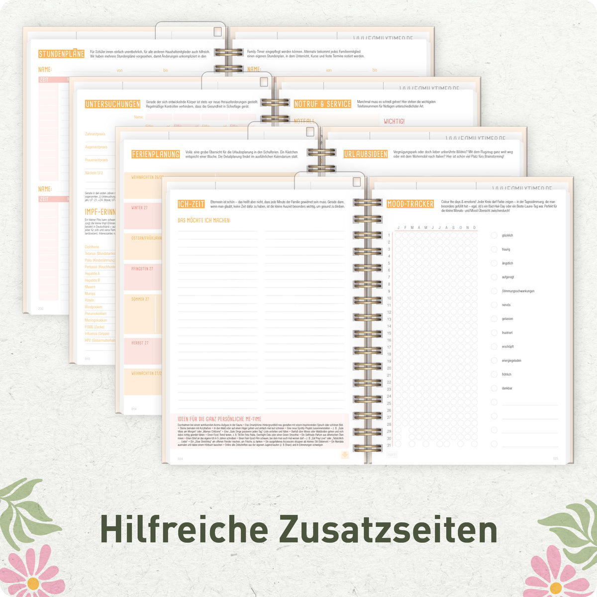 Zusatzseiten & Familienplanung von Häfft Family-Timer Familienkalender 2027 für 4 Personen im Motiv „Flower Power“.