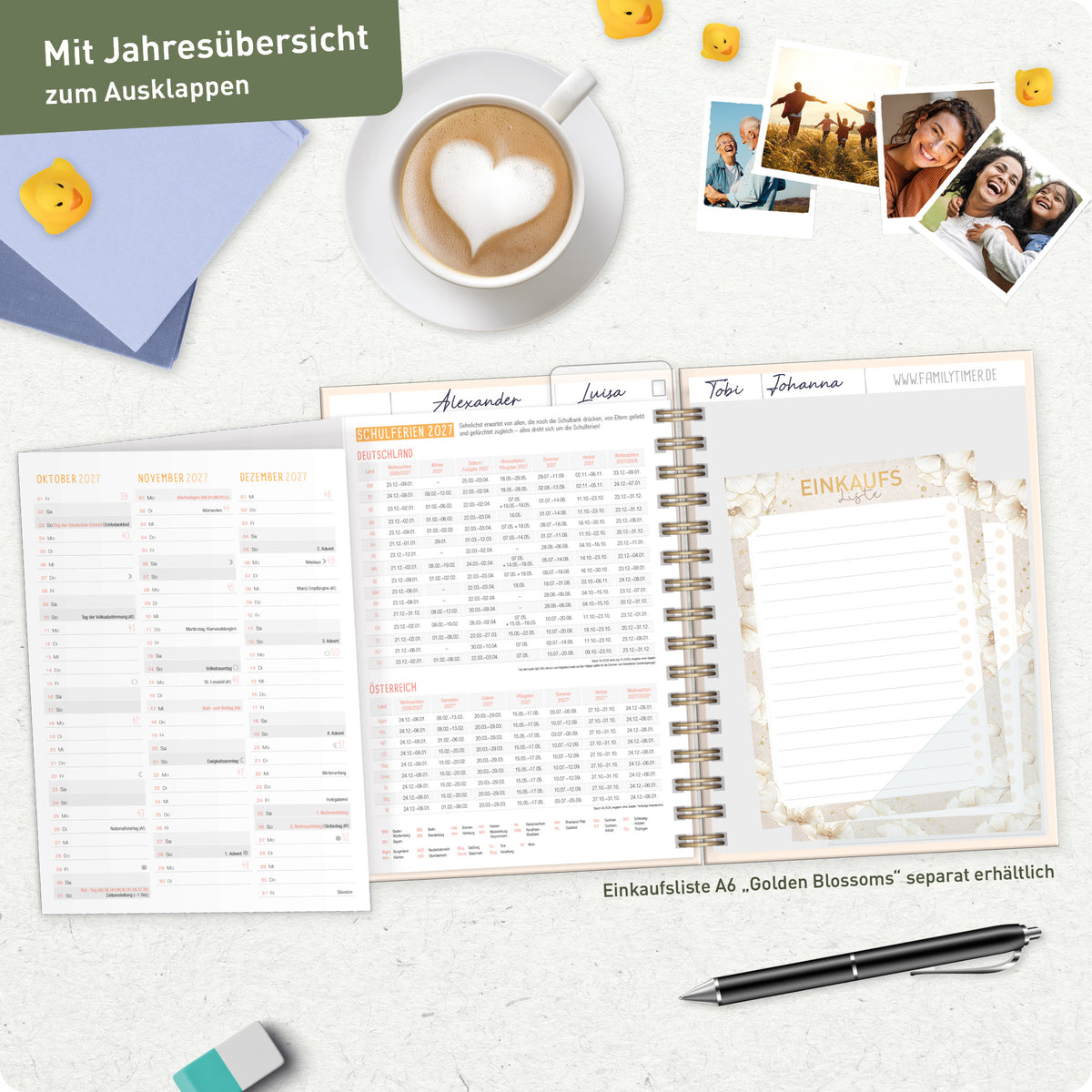 Jahresübersicht & Einkaufsplanung von Häfft Family-Timer Familienkalender 2027 für 4 Personen im Motiv „Flower Power“.