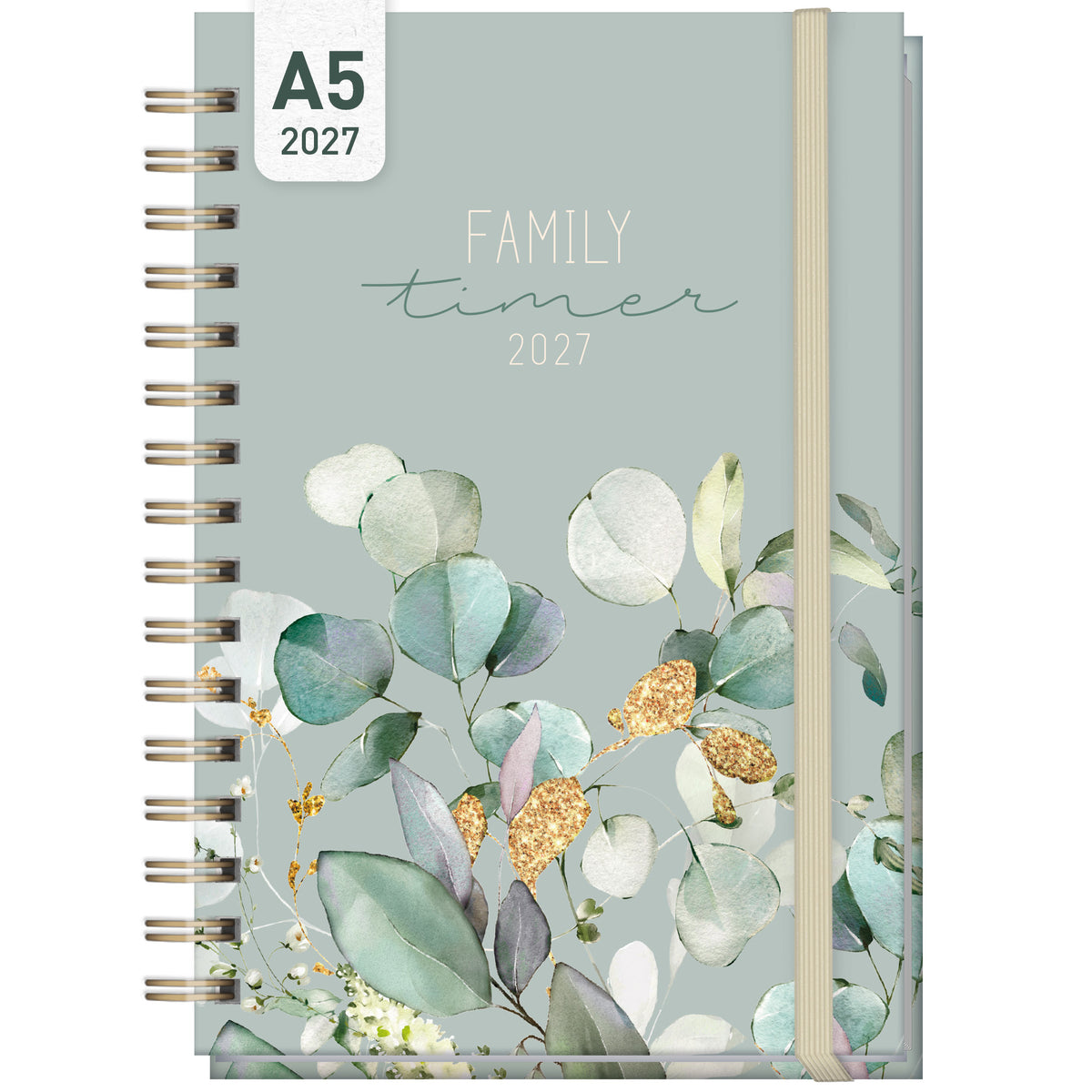 Coveransicht von Häfft Family-Timer Familienkalender 2027 für 4 Personen im Motiv „Minty Leaves“.