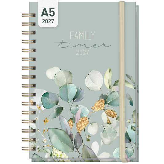 Coveransicht von Häfft Family-Timer Familienkalender 2027 für 4 Personen im Motiv „Minty Leaves“.
