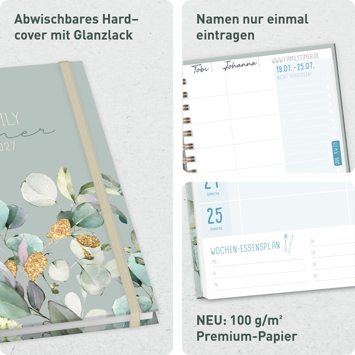 Hardcover & Familienfunktionen von Häfft Family-Timer Familienkalender 2027 für 4 Personen im Motiv „Minty Leaves“.