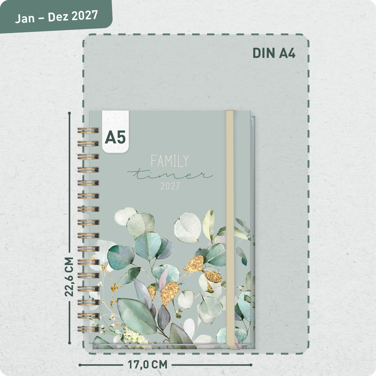 Format- und Größenansicht von Häfft Family-Timer Familienkalender 2027 für 4 Personen im Motiv „Minty Leaves“.