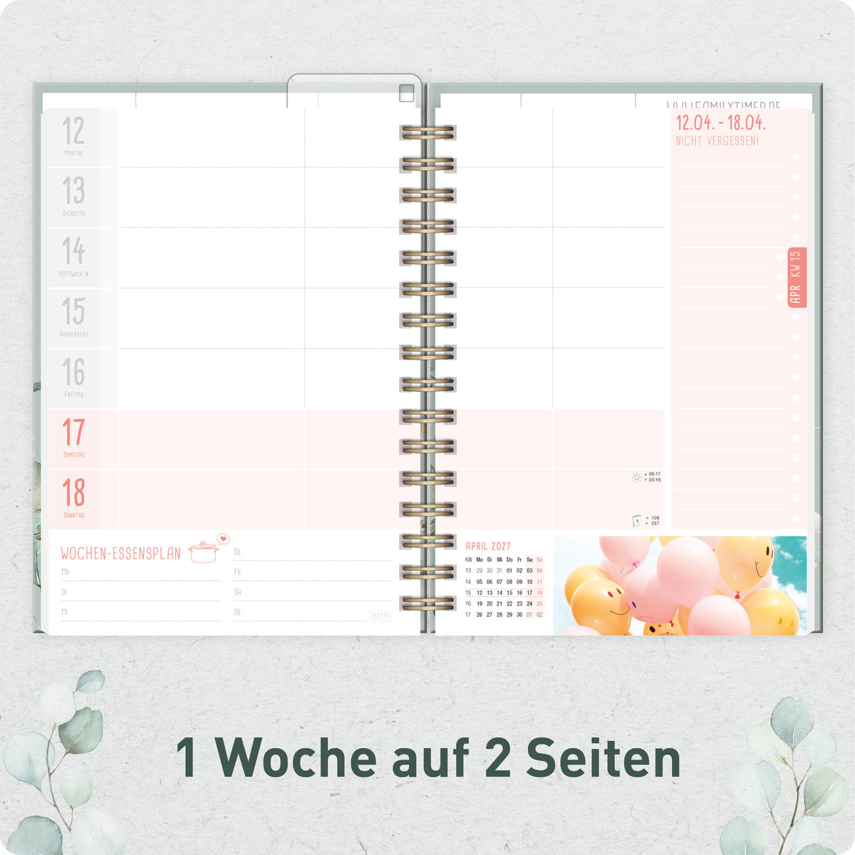 Wochenplanung für die Familie von Häfft Family-Timer Familienkalender 2027 für 4 Personen im Motiv „Minty Leaves“.