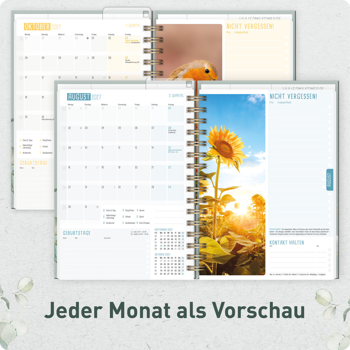 Innenansicht von Häfft Family-Timer Familienkalender 2027 für 4 Personen im Motiv „Minty Leaves“ mit Monatsvorschau.