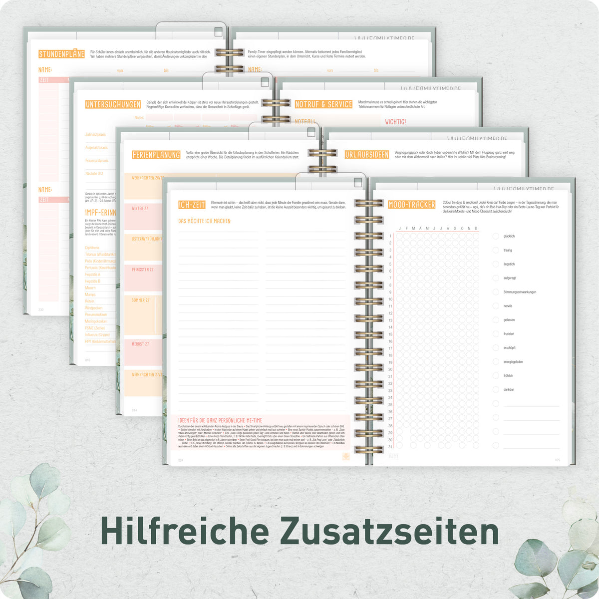 Zusatzseiten & Familienplanung von Häfft Family-Timer Familienkalender 2027 für 4 Personen im Motiv „Minty Leaves“.