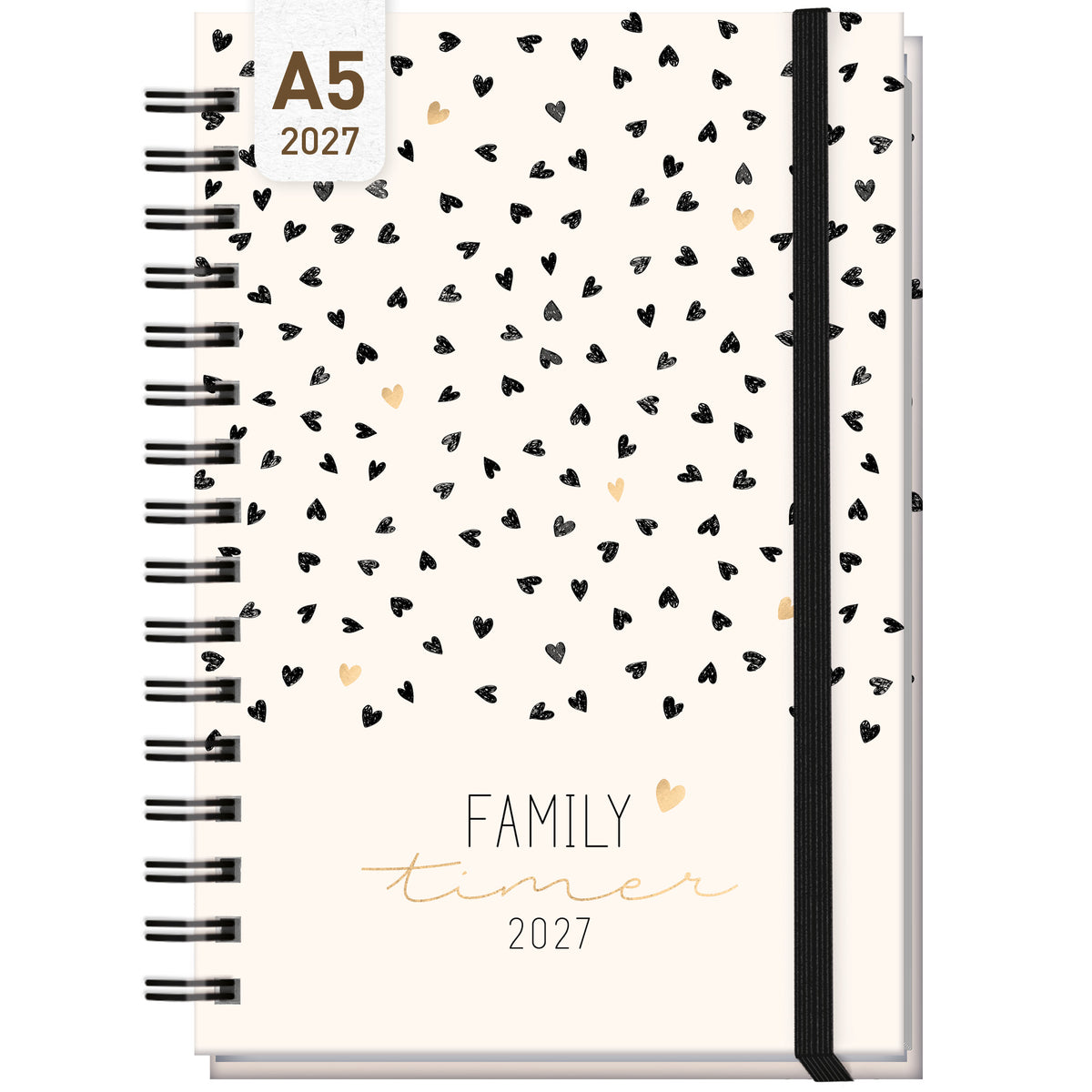 Coveransicht von Häfft Family-Timer Familienkalender 2027 für 4 Personen im Motiv „Golden Hearts“.