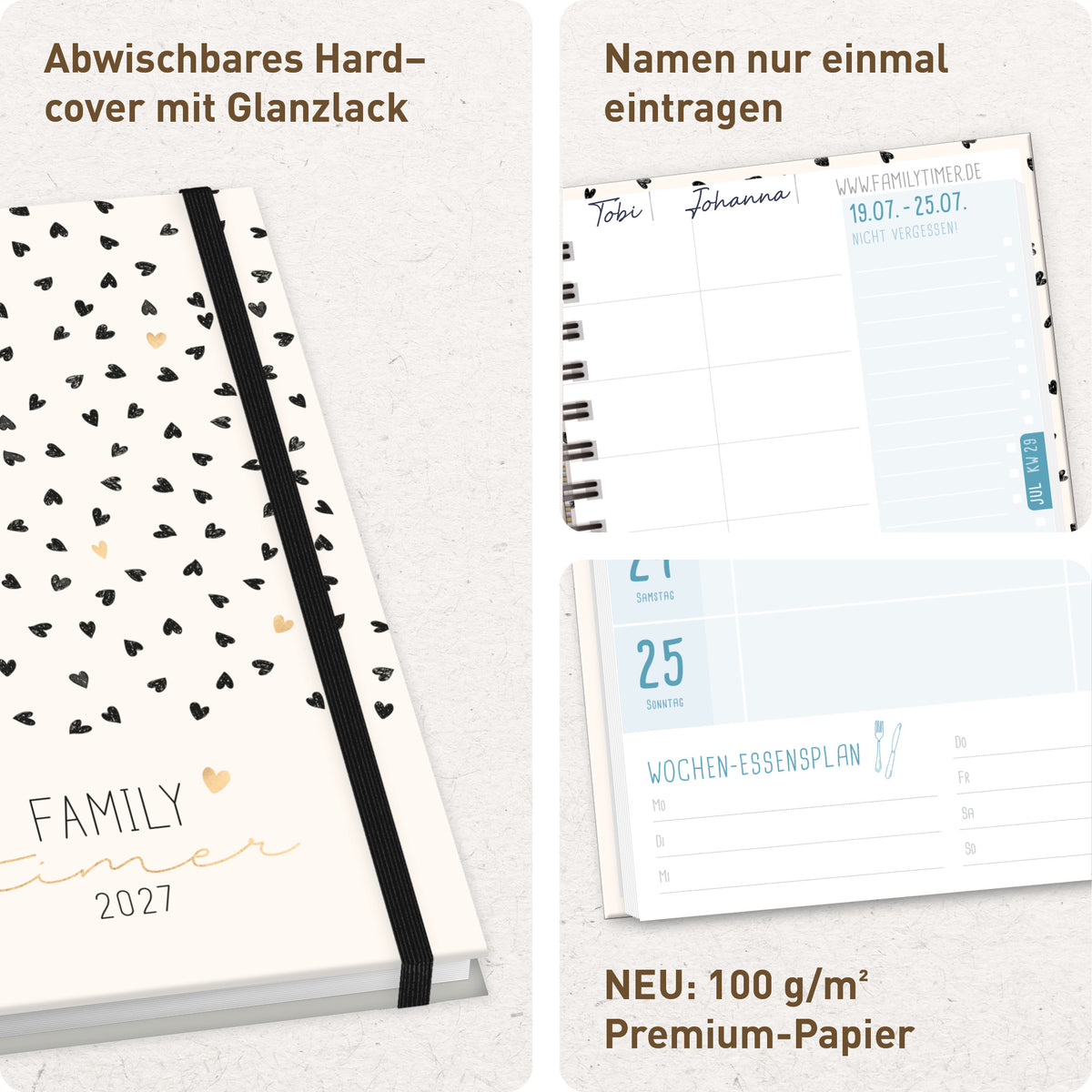 Hardcover & Familienfunktionen von Häfft Family-Timer Familienkalender 2027 für 4 Personen im Motiv „Golden Hearts“.