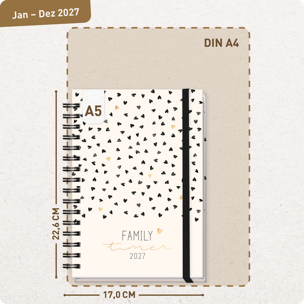 Format- und Größenansicht von Häfft Family-Timer Familienkalender 2027 für 4 Personen im Motiv „Golden Hearts“.