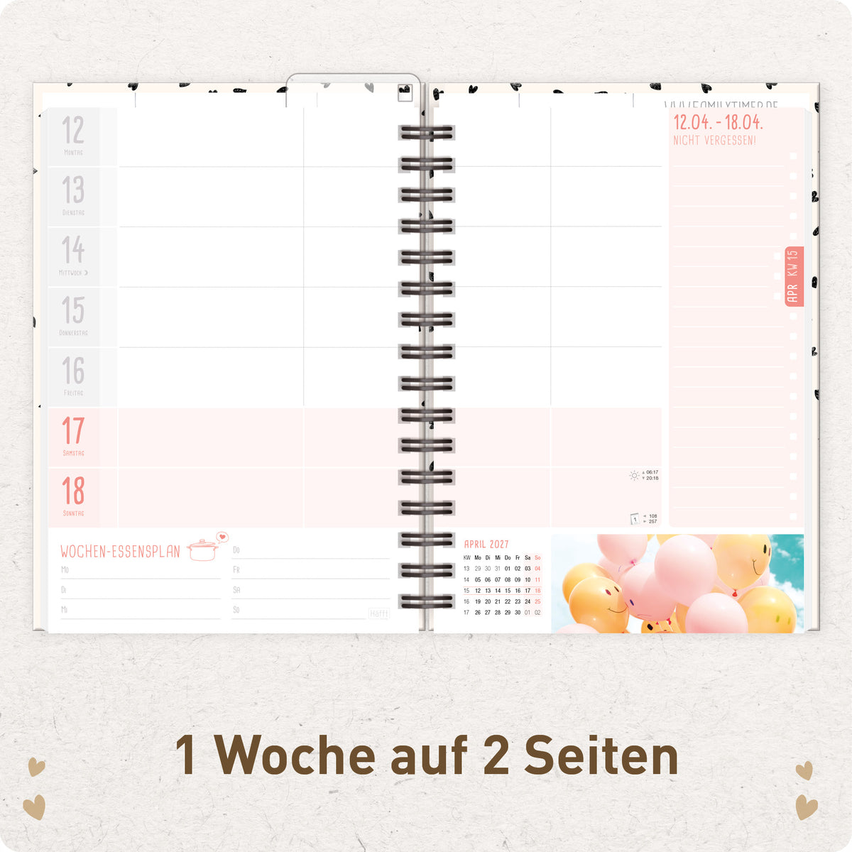 Wochenplanung für die Familie von Häfft Family-Timer Familienkalender 2027 für 4 Personen im Motiv „Golden Hearts“.