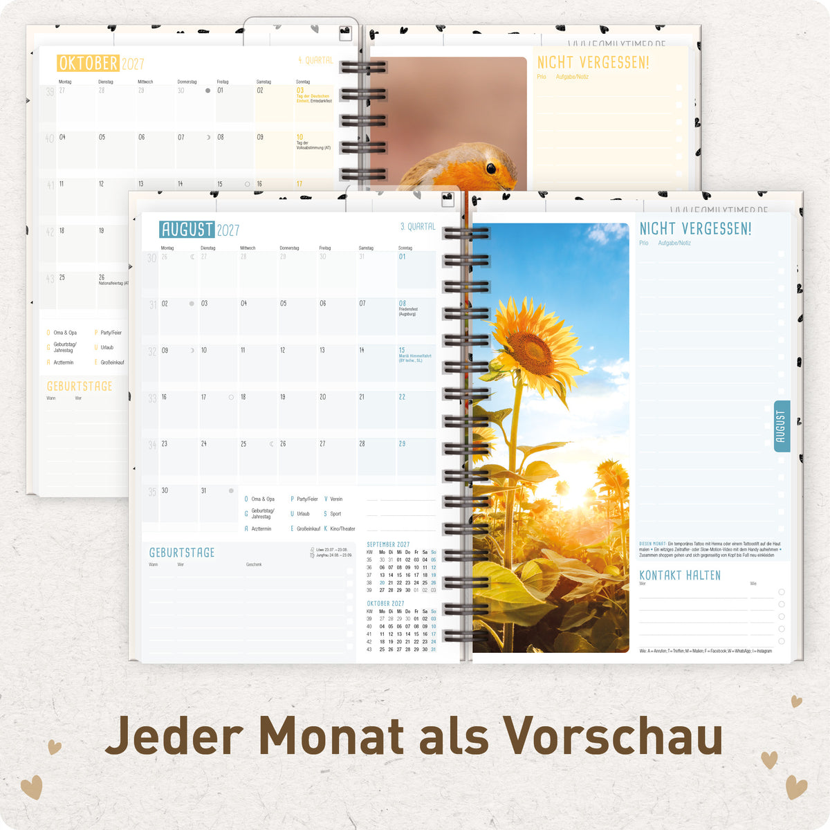 Innenansicht von Häfft Family-Timer Familienkalender 2027 für 4 Personen im Motiv „Golden Hearts“ mit Monatsvorschau.