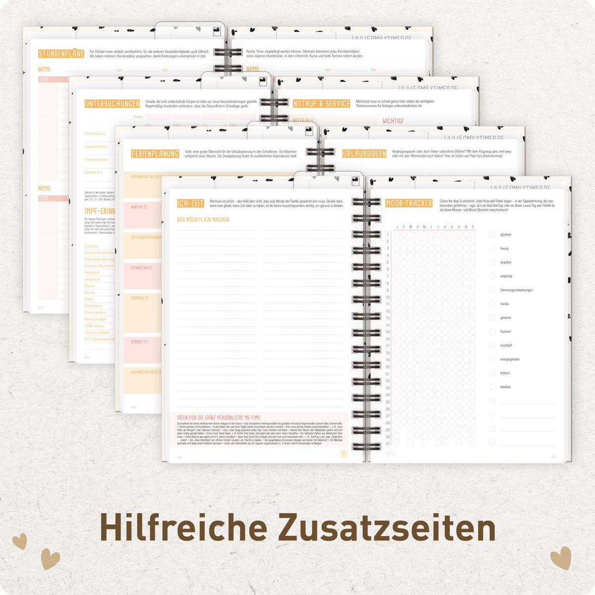 Zusatzseiten & Familienplanung von Häfft Family-Timer Familienkalender 2027 für 4 Personen im Motiv „Golden Hearts“.